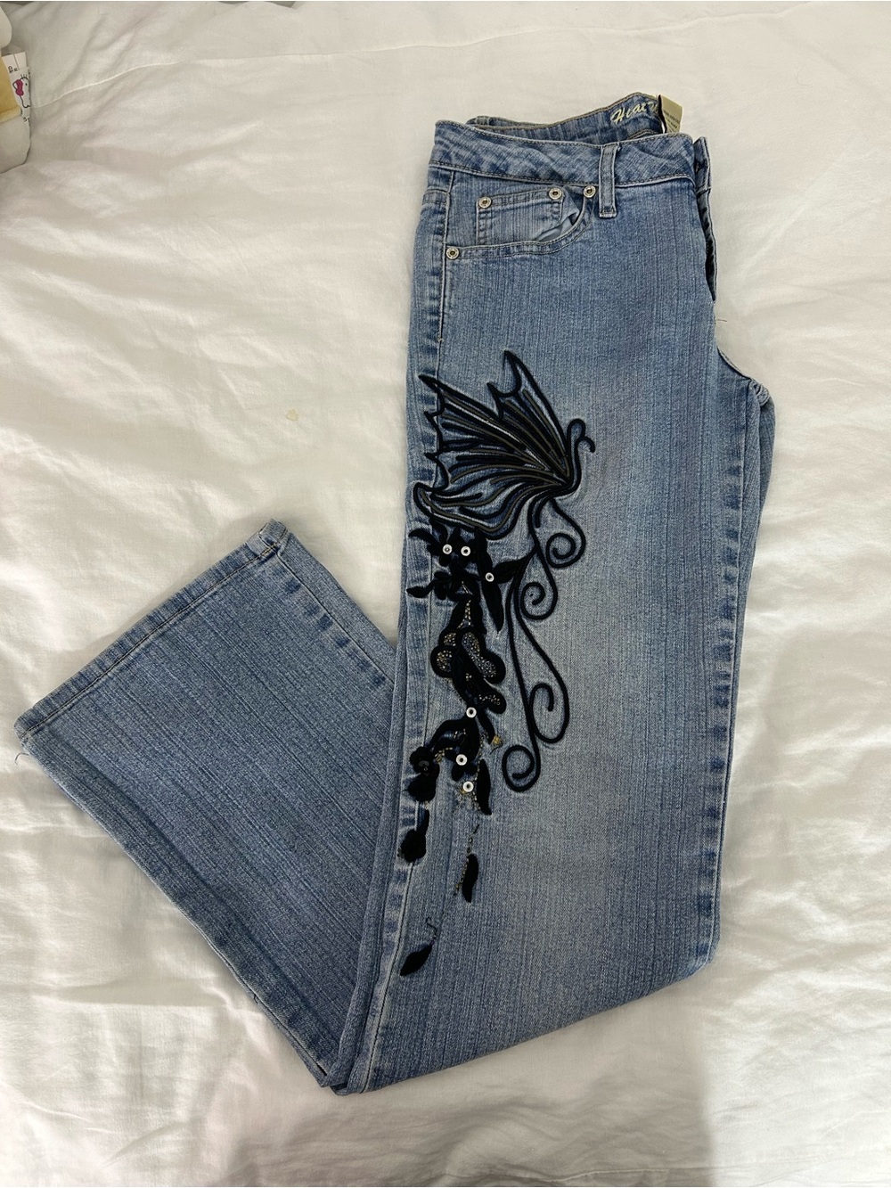 Y2k Women's Light Blue Jeans with Black Embroidered Detail